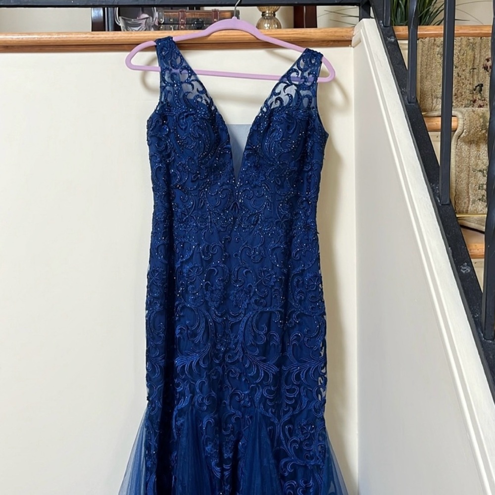 Camile la Vie ,Elegant Blue Beaded Gown